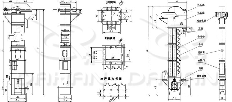 TD/D型斗式提升機基本結構:機頭蓋，機頭座，減速電機，直管，底座，緊張裝置等。