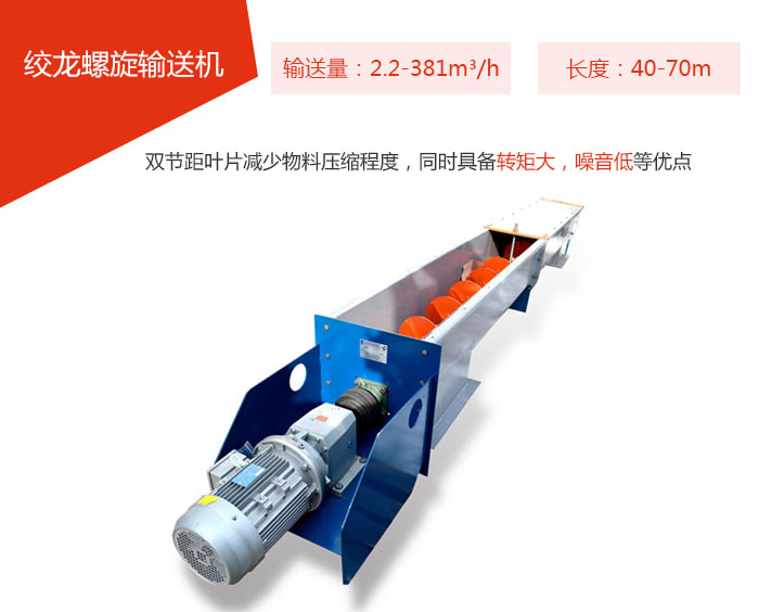 絞龍螺旋輸送機輸送量：2.2-381m3/h 長度：40-70m 雙節距葉片減少物料壓縮程度，同時具備轉矩大，噪音低等優點。