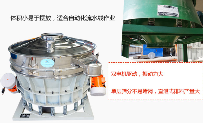 雙電機驅動，振動力大，單層篩分不易堵網，直泄式排料產量大